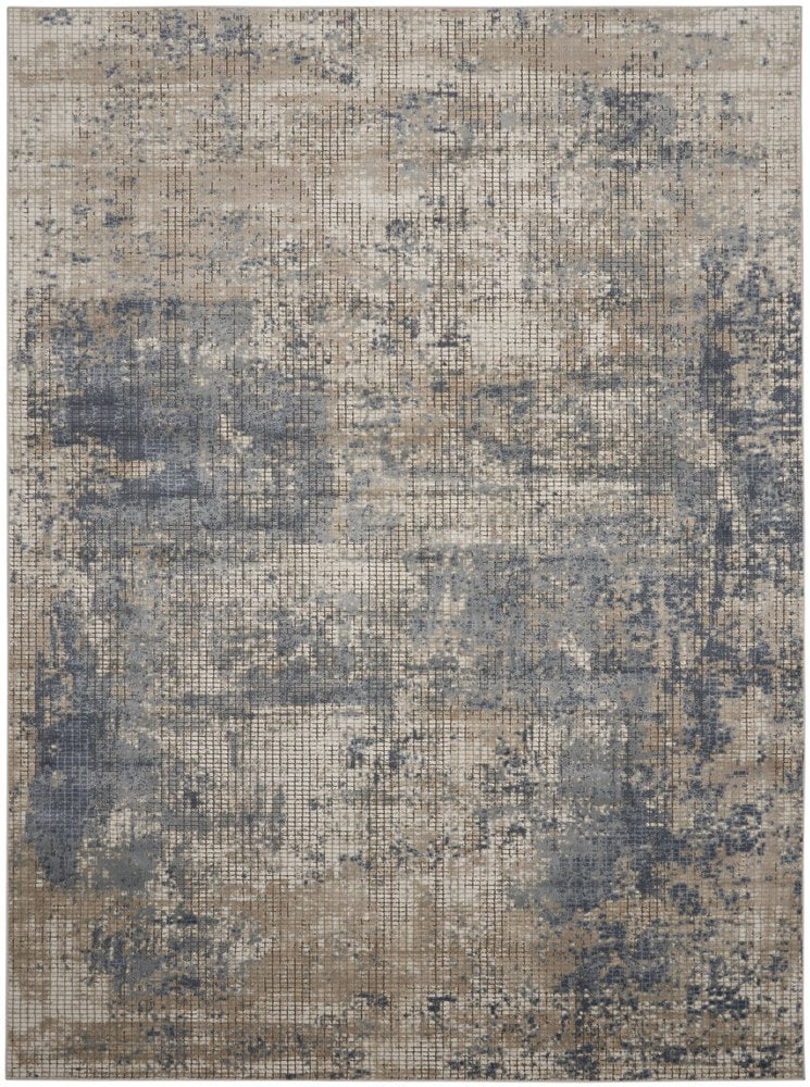 7' X 10' Beige and Blue Abstract Power Loom Distressed Area Rug