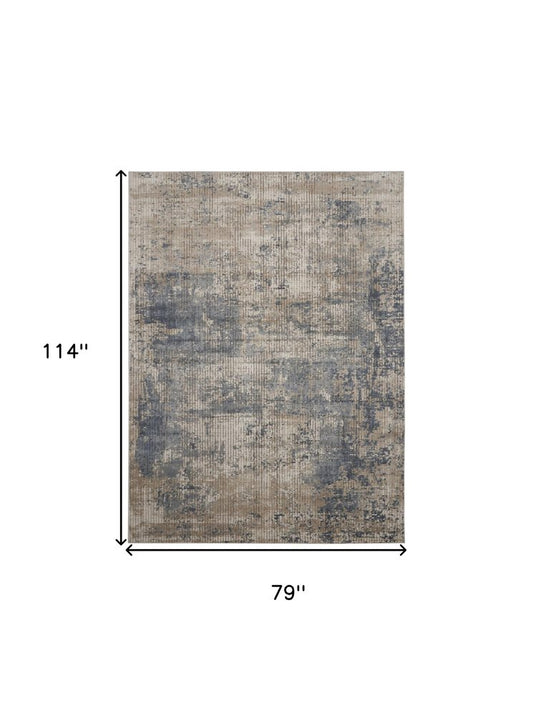 7' X 10' Beige and Blue Abstract Power Loom Distressed Area Rug