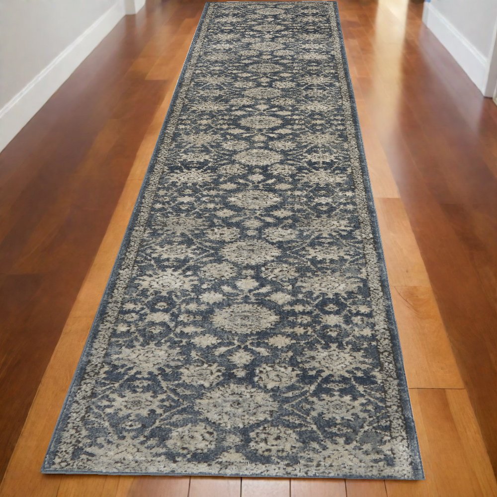 10' Beige And Blue Floral Medallion Runner Rug