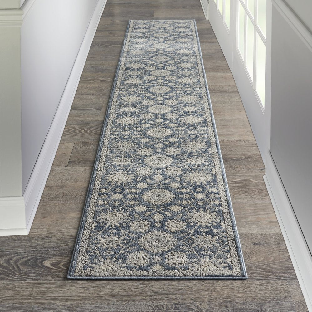 10' Beige And Blue Floral Medallion Runner Rug