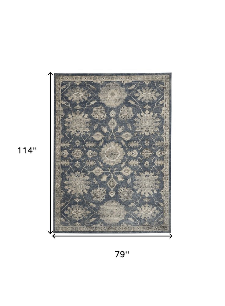 7' X 10' Beige and Blue Floral Medallion Power Loom Area Rug