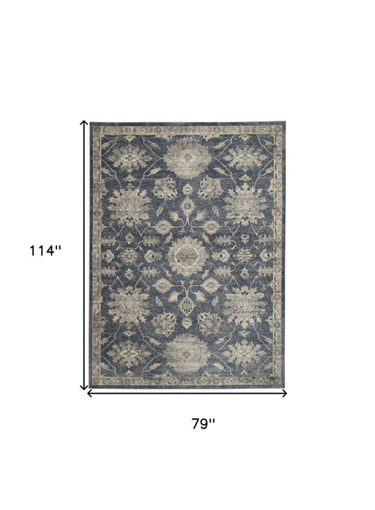 7' X 10' Beige and Blue Floral Medallion Power Loom Area Rug
