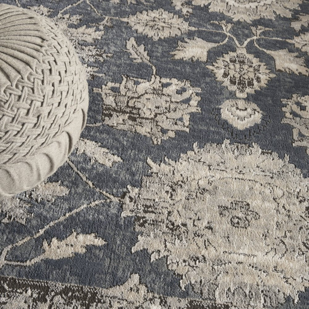 8' X 10' Beige and Blue Floral Medallion Power Loom Area Rug