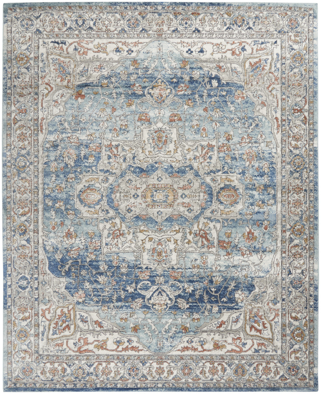 7' X 10' Blue and Ivory Medallion Power Loom Distressed Area Rug