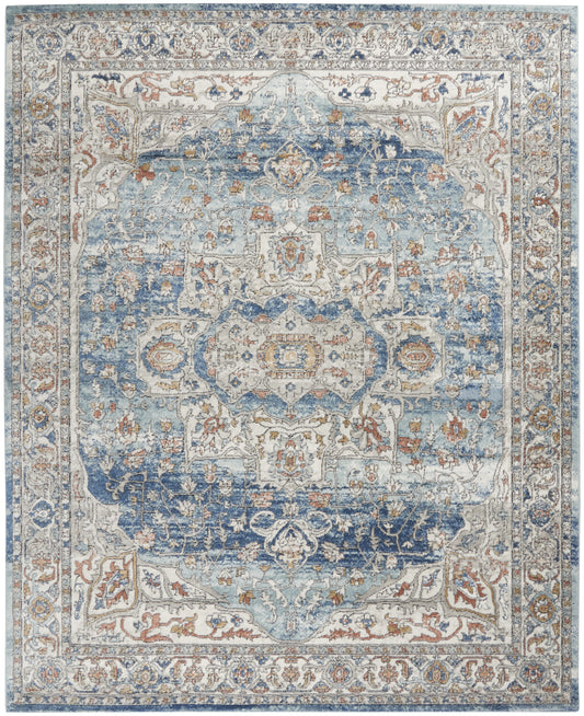 7' X 10' Blue and Ivory Medallion Power Loom Distressed Area Rug