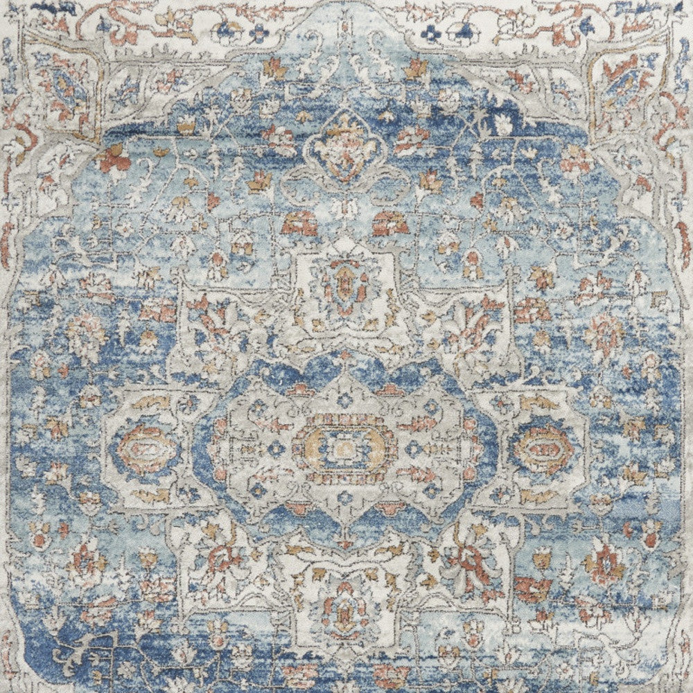 7' X 10' Blue and Ivory Medallion Power Loom Distressed Area Rug