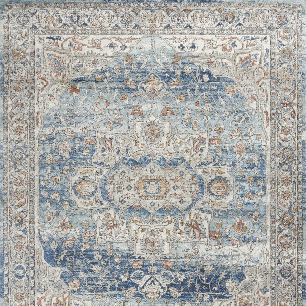 7' X 10' Blue and Ivory Medallion Power Loom Distressed Area Rug