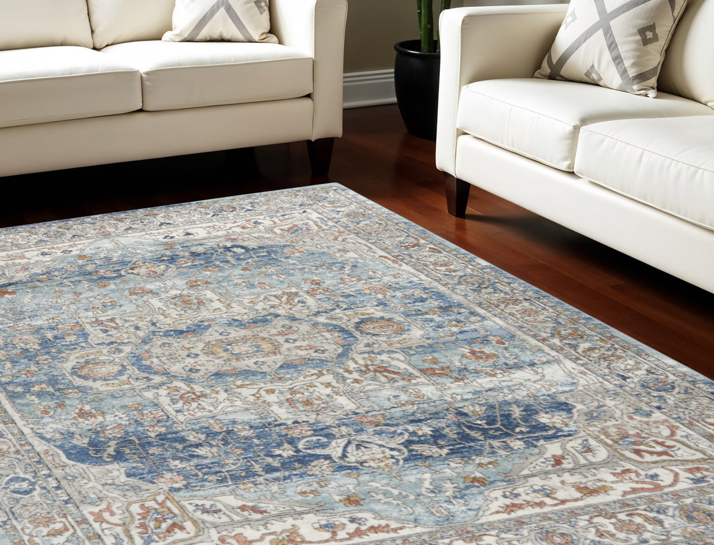 7' X 10' Blue and Ivory Medallion Power Loom Distressed Area Rug