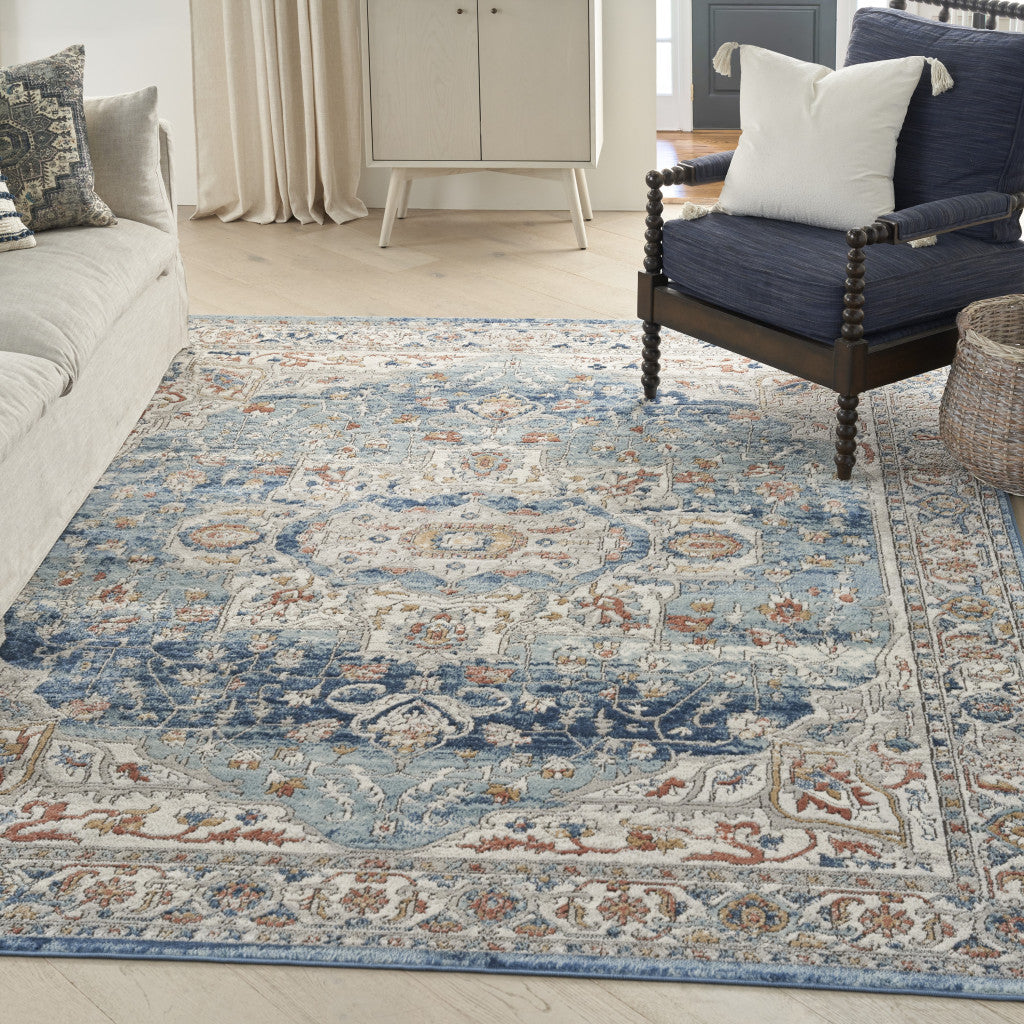 7' X 10' Blue and Ivory Medallion Power Loom Distressed Area Rug
