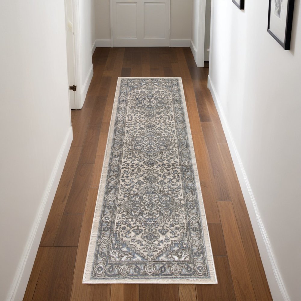 8' Blue And Ivory Medallion Distressed Runner Rug
