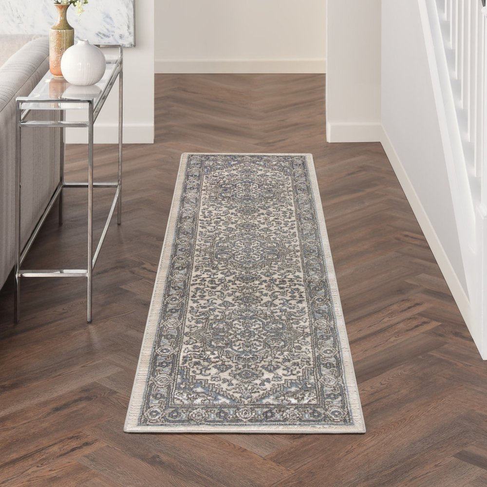 8' Blue And Ivory Medallion Distressed Runner Rug
