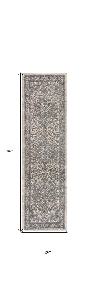 8' Blue And Ivory Medallion Distressed Runner Rug