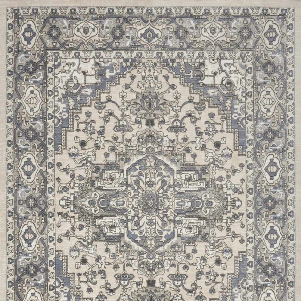 5' X 7' Blue and Ivory Medallion Power Loom Distressed Area Rug