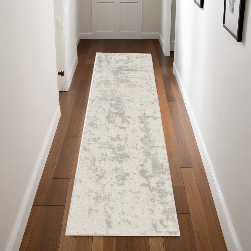 8' Gray And Ivory Abstract Runner Rug