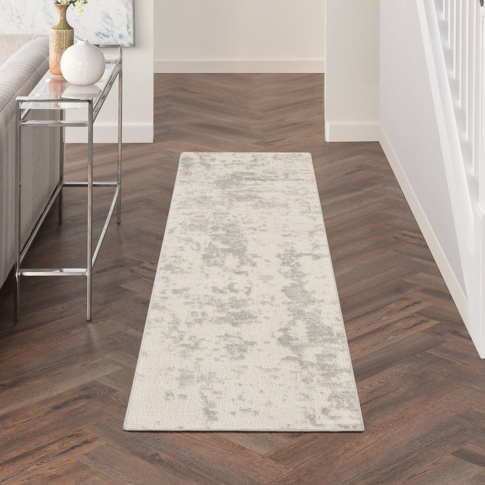 8' Gray And Ivory Abstract Runner Rug