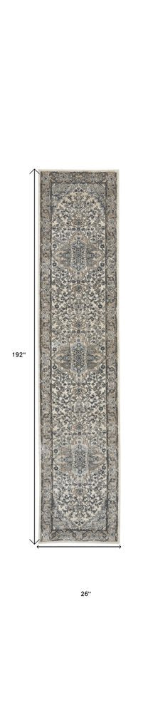 16' Gray And Ivory Medallion Distressed Runner Rug