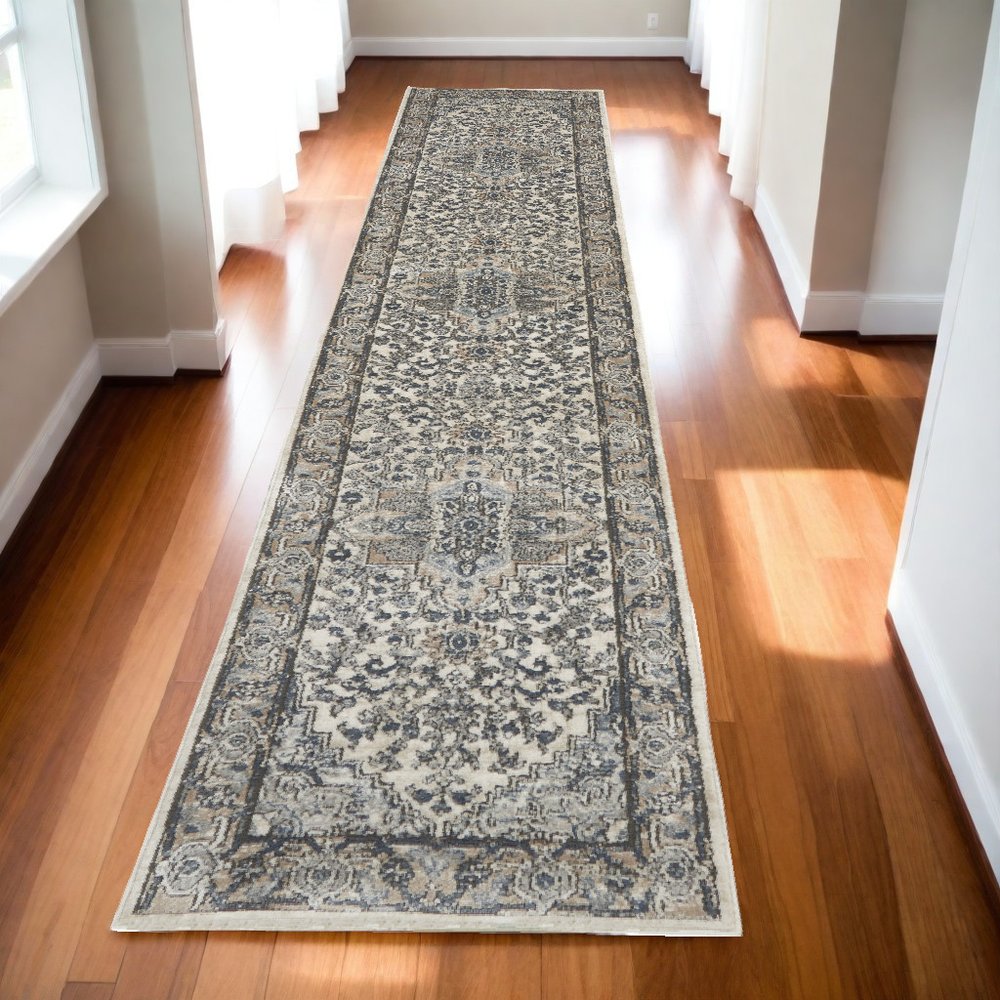 20' Gray And Ivory Medallion Distressed Runner Rug