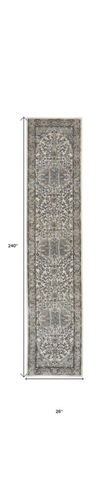 20' Gray And Ivory Medallion Distressed Runner Rug