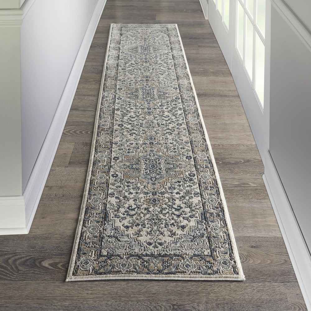 20' Gray And Ivory Medallion Distressed Runner Rug