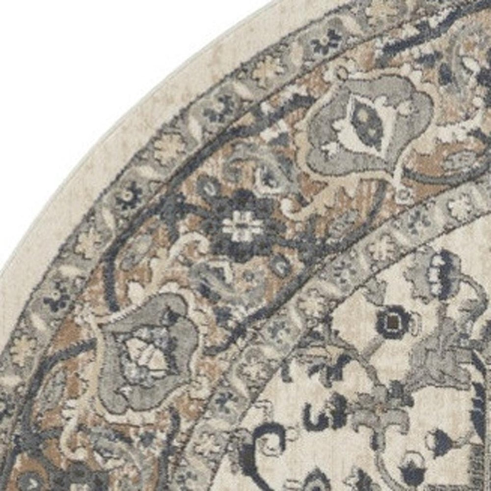 10' Gray and Ivory Round Medallion Power Loom Distressed Area Rug