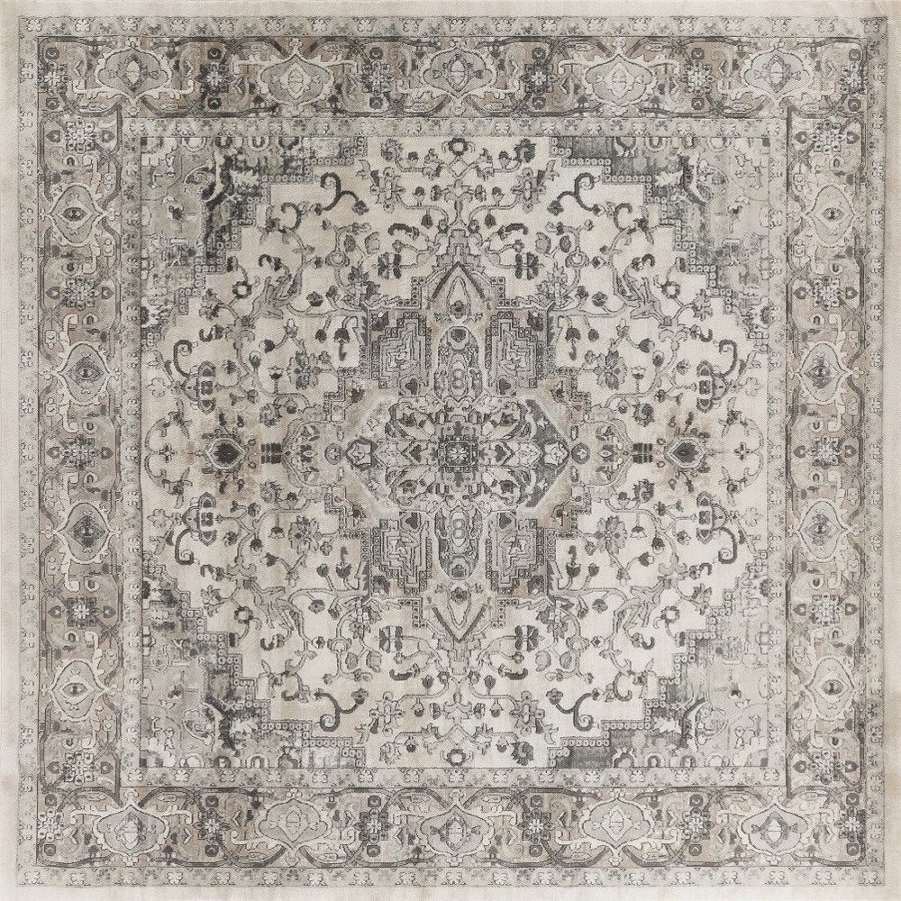 10' Gray and Ivory Square Medallion Power Loom Distressed Area Rug
