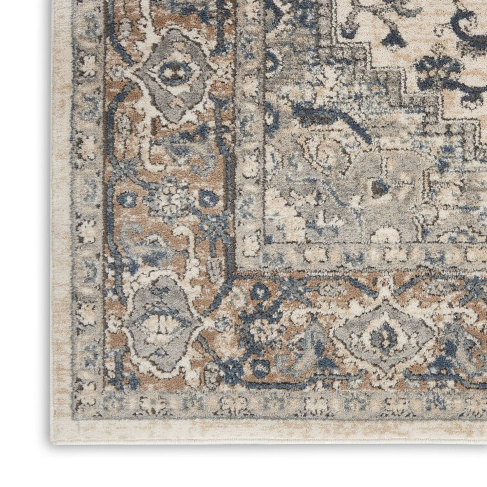 10' Gray and Ivory Square Medallion Power Loom Distressed Area Rug