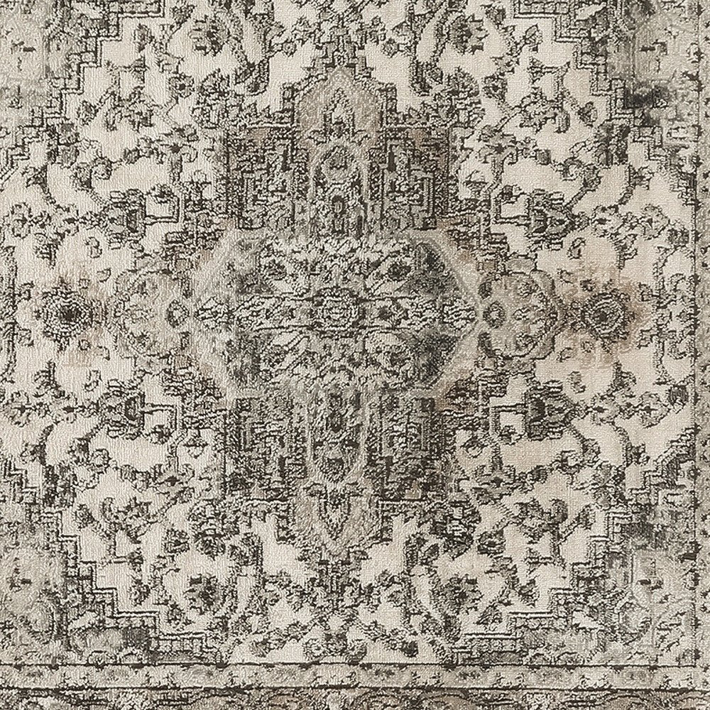 4' Gray and Ivory Square Medallion Power Loom Distressed Area Rug