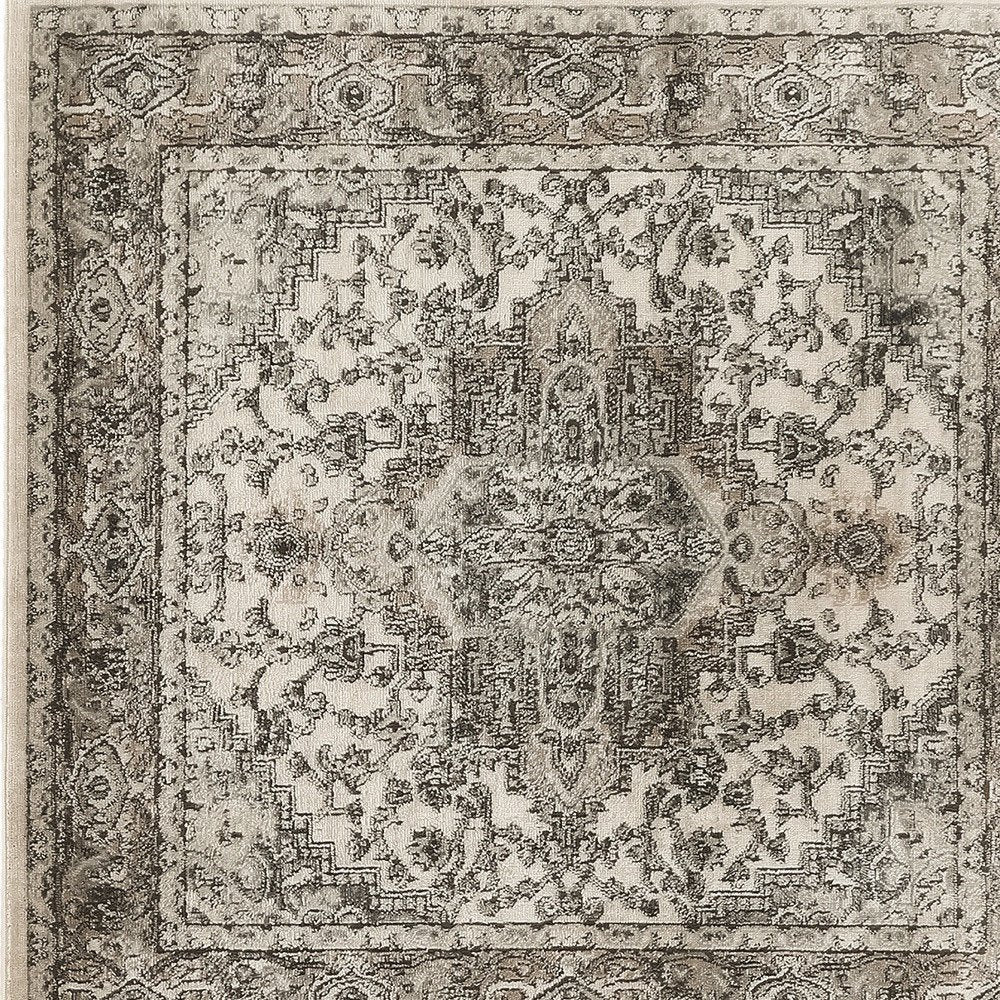 4' Gray and Ivory Square Medallion Power Loom Distressed Area Rug