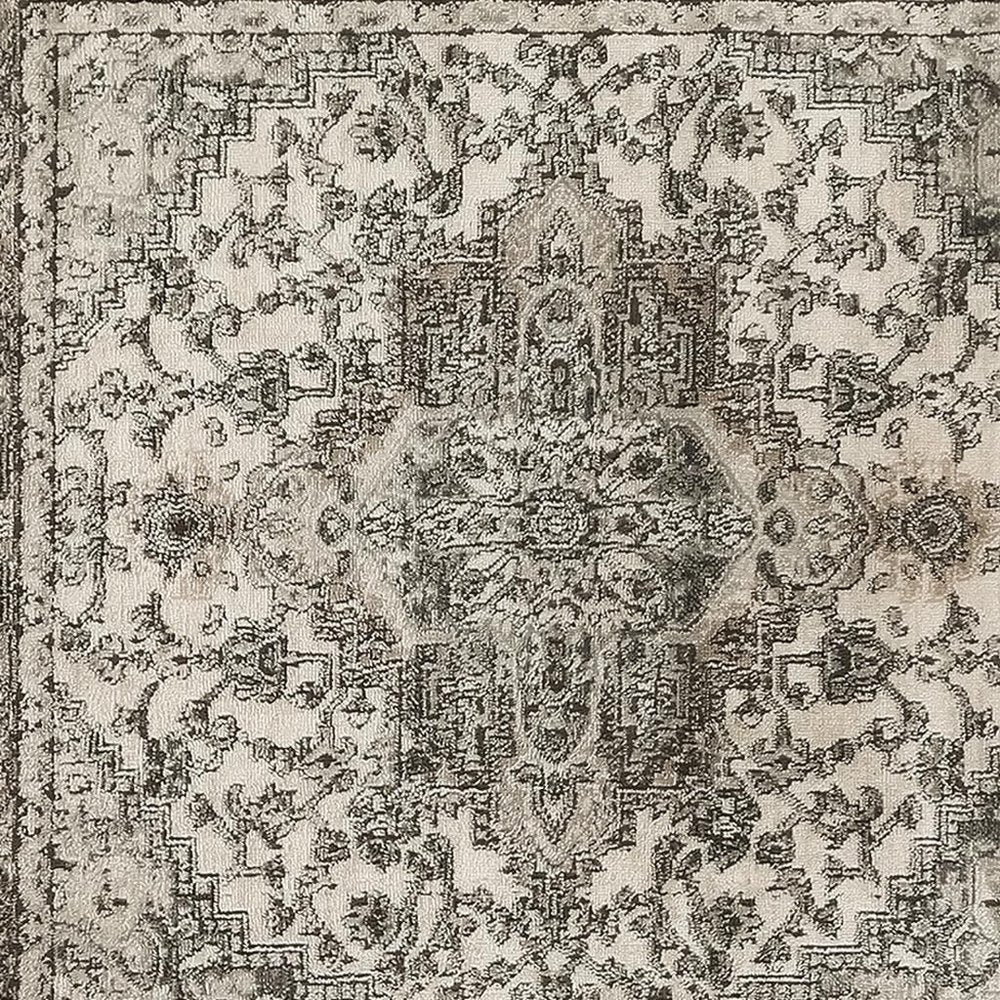 4' Gray and Ivory Square Medallion Power Loom Distressed Area Rug