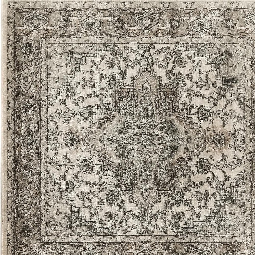 4' Gray and Ivory Square Medallion Power Loom Distressed Area Rug
