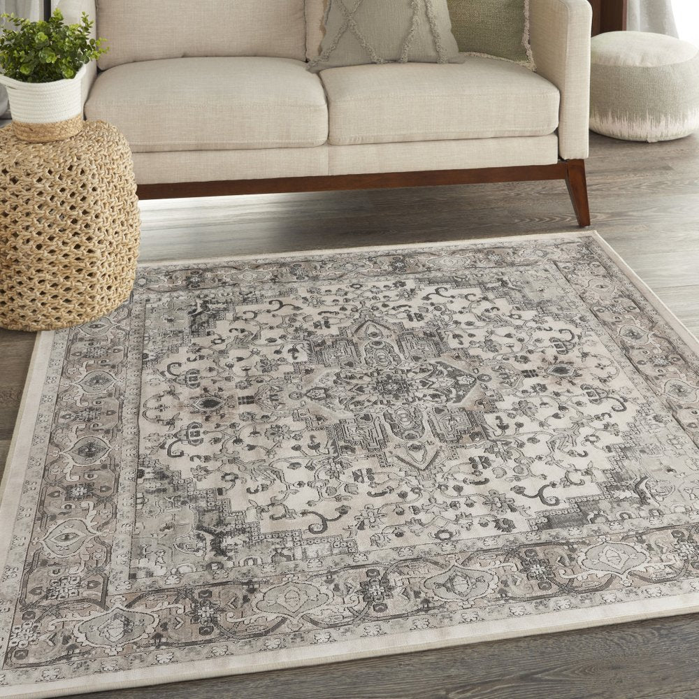 4' Gray and Ivory Square Medallion Power Loom Distressed Area Rug