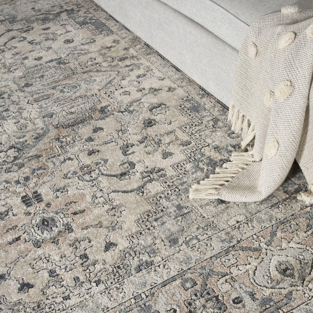 4' Gray and Ivory Square Medallion Power Loom Distressed Area Rug