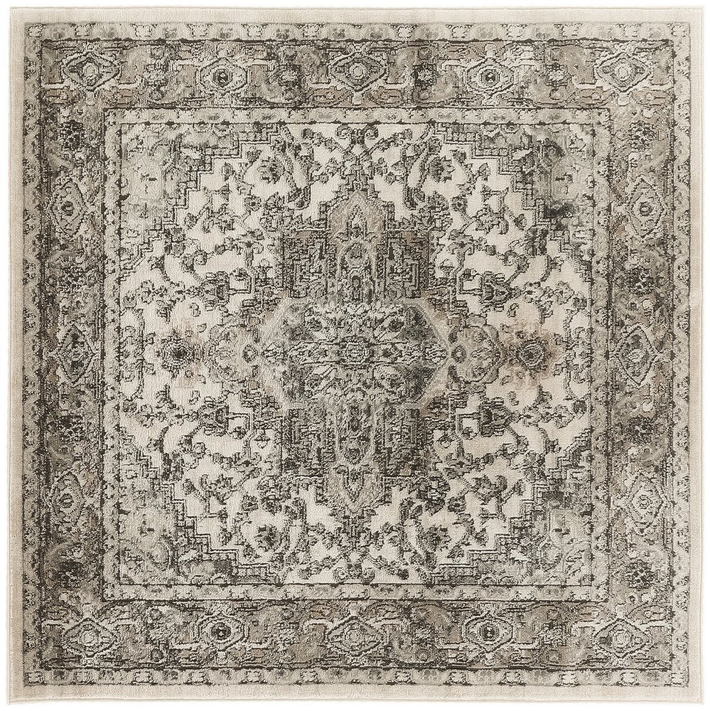 4' Gray and Ivory Square Medallion Power Loom Distressed Area Rug