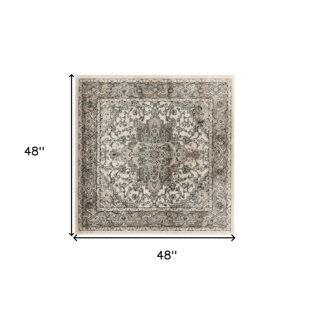 4' Gray and Ivory Square Medallion Power Loom Distressed Area Rug
