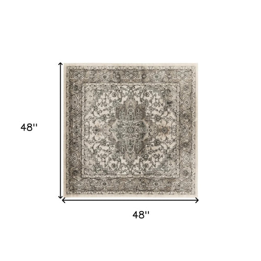 4' Gray and Ivory Square Medallion Power Loom Distressed Area Rug