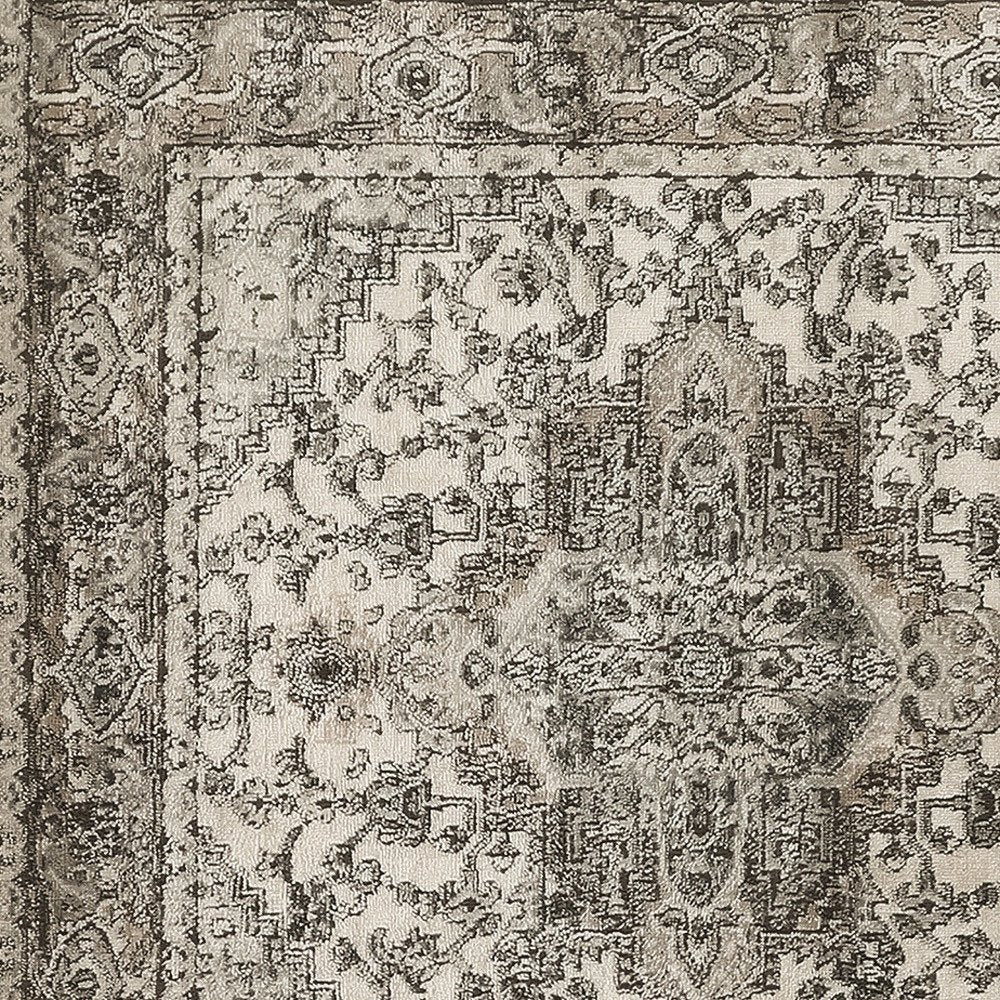 5' Gray and Ivory Square Medallion Power Loom Distressed Area Rug