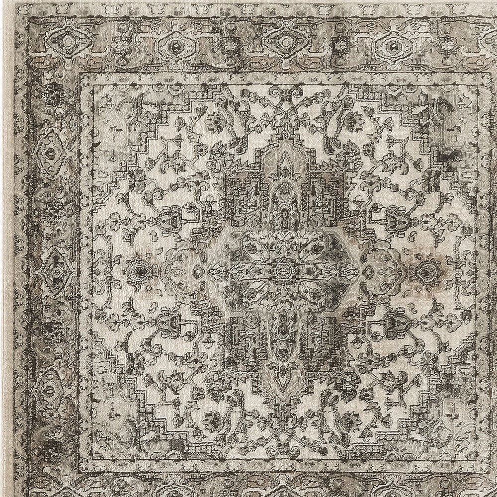 5' Gray and Ivory Square Medallion Power Loom Distressed Area Rug