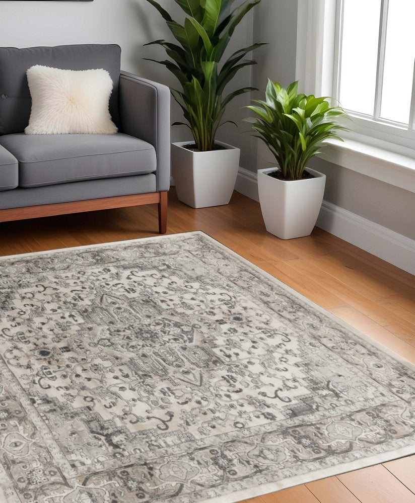 5' Gray and Ivory Square Medallion Power Loom Distressed Area Rug