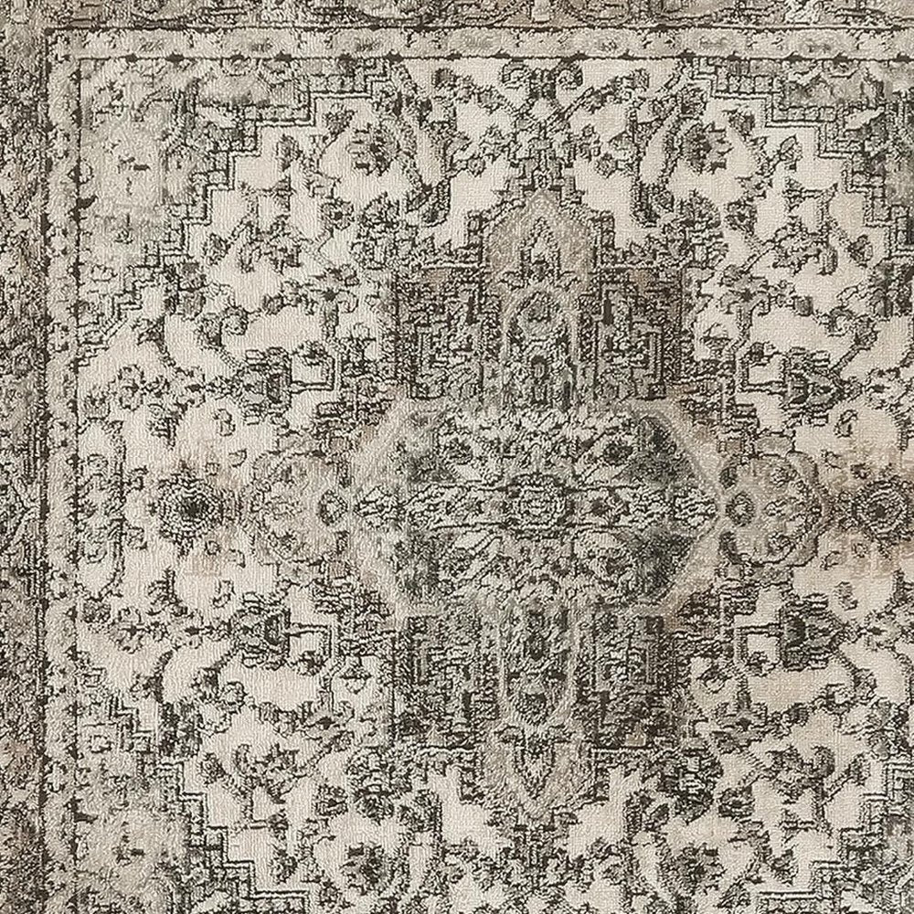 5' Gray and Ivory Square Medallion Power Loom Distressed Area Rug
