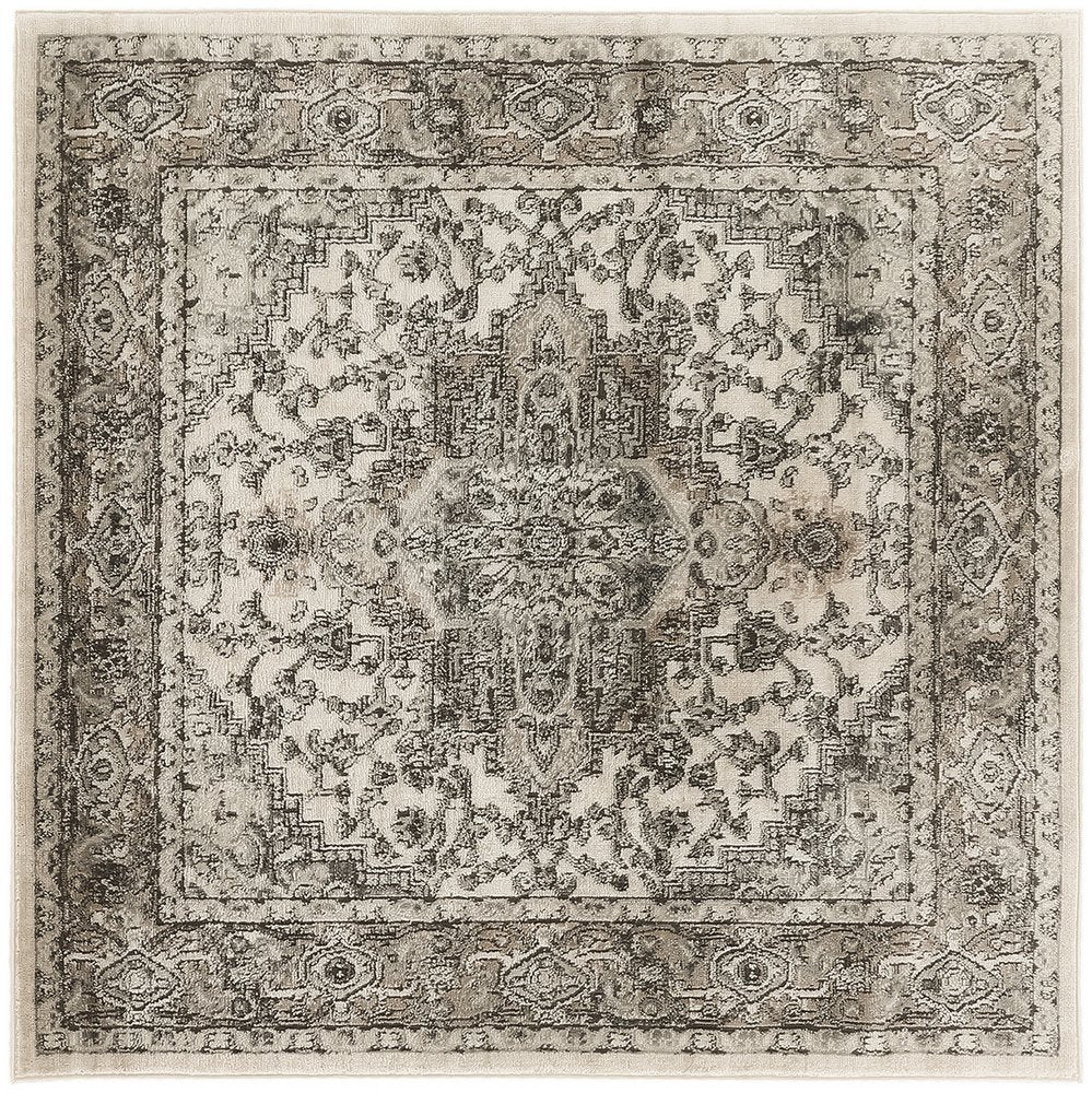 5' Gray and Ivory Square Medallion Power Loom Distressed Area Rug
