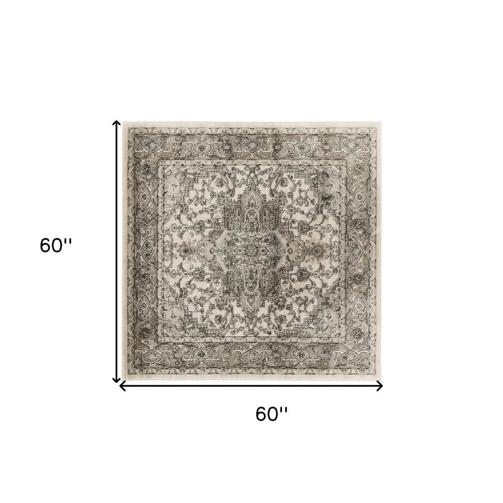 5' Gray and Ivory Square Medallion Power Loom Distressed Area Rug
