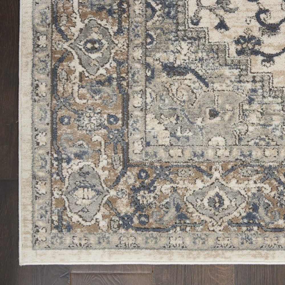 5' Gray and Ivory Square Medallion Power Loom Distressed Area Rug