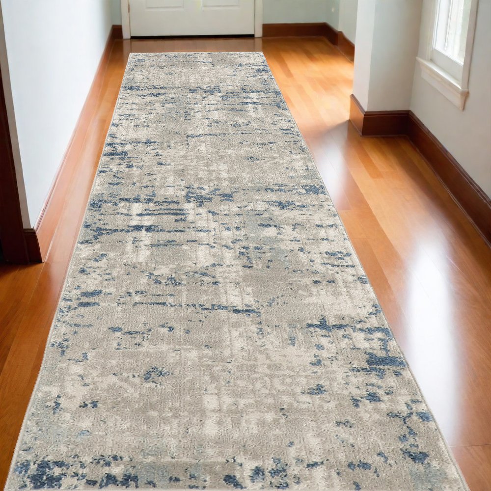 20' Gray And Ivory Abstract Runner Rug