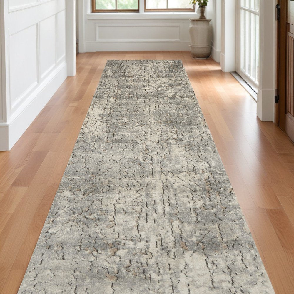 10' Beige And Gray Abstract Runner Rug