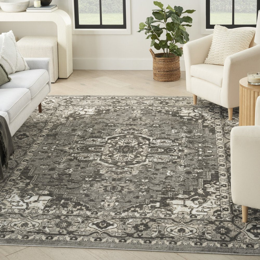 4' X 6' Gray and Ivory Medallion Power Loom Distressed Area Rug