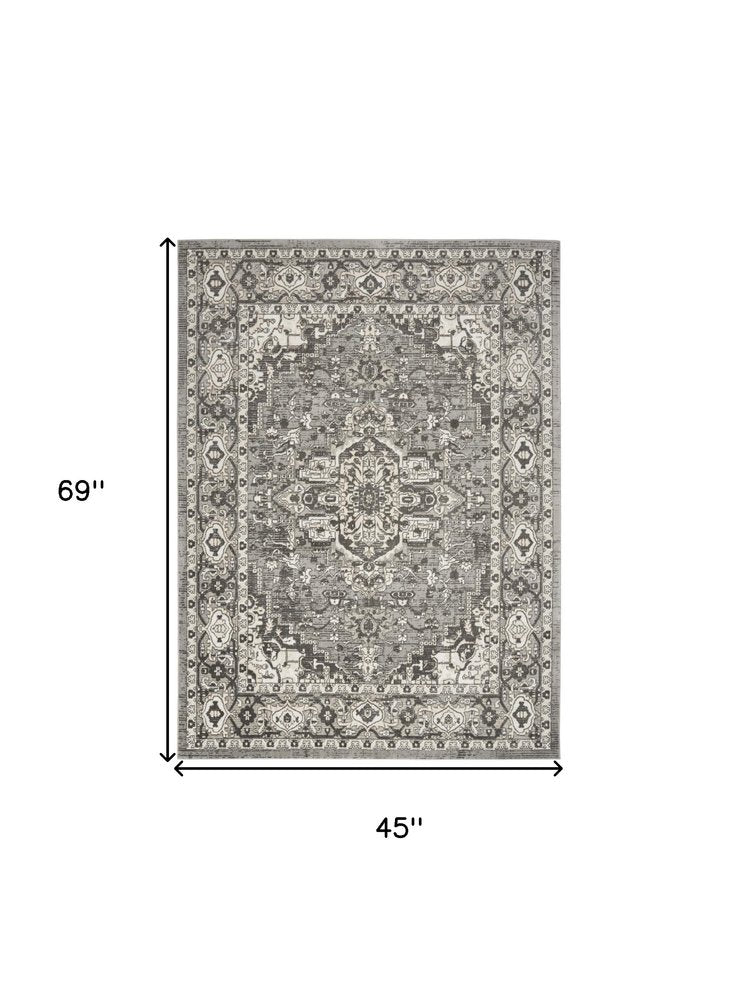 4' X 6' Gray and Ivory Medallion Power Loom Distressed Area Rug