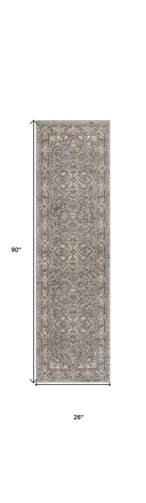 8' Gray And Ivory Medallion Distressed Runner Rug