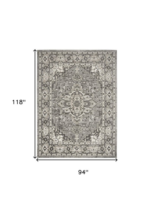 8' X 10' Gray and Ivory Medallion Power Loom Distressed Area Rug