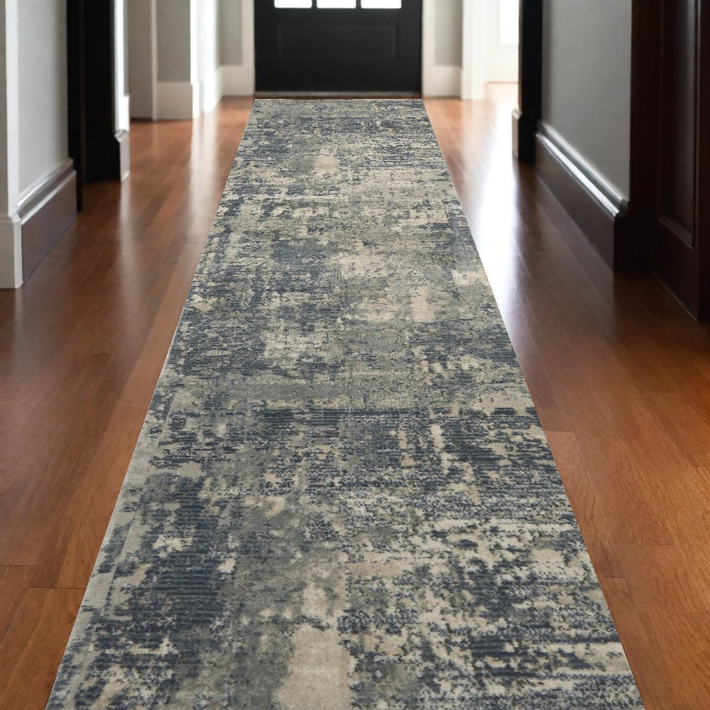 10' Beige And Gray Abstract Runner Rug