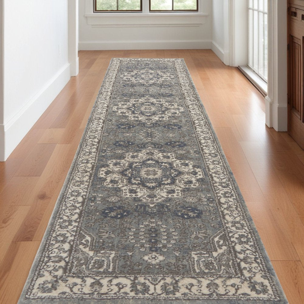 10' Beige Ivory And Gray Medallion Runner Rug